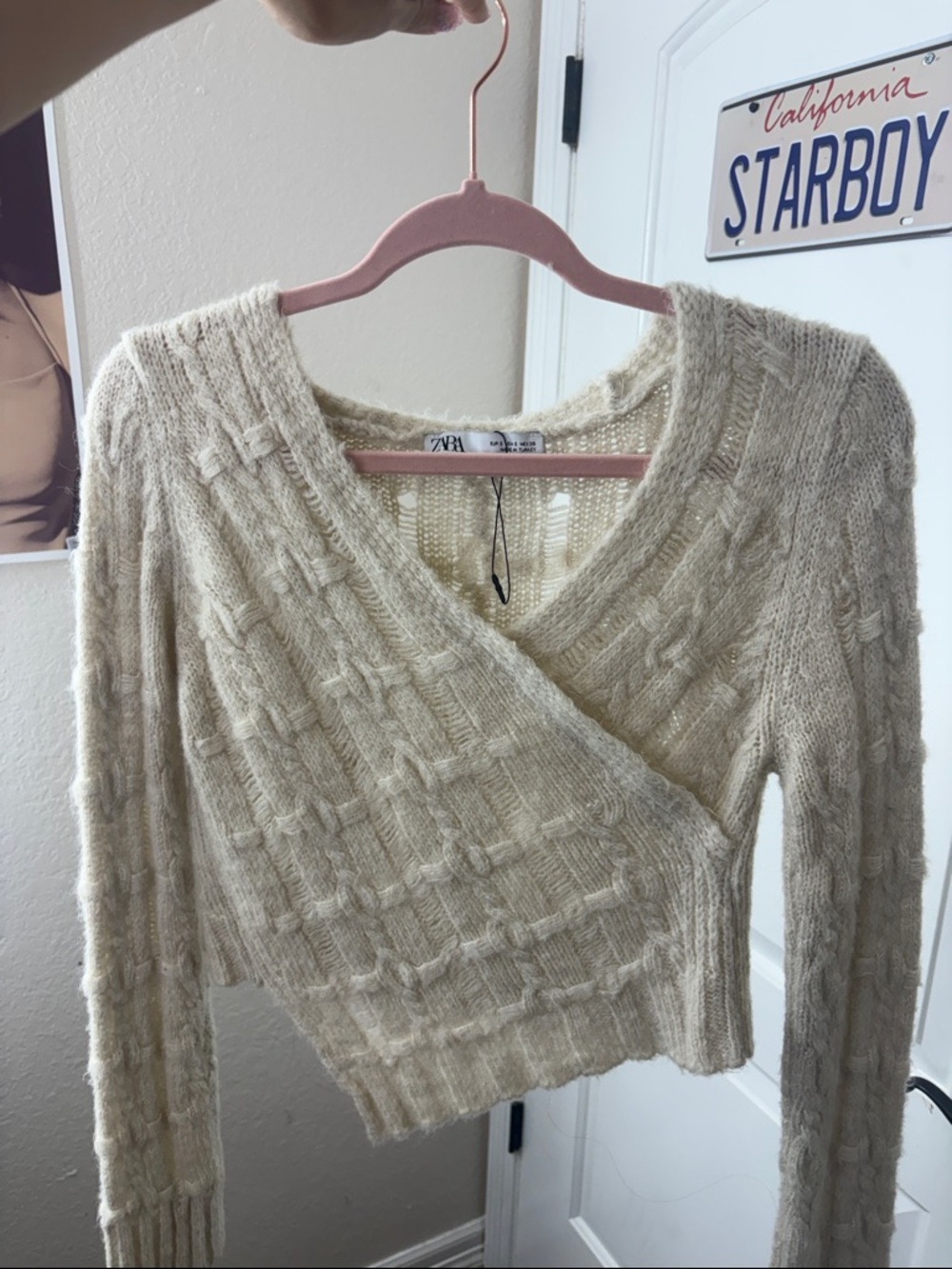 Zara Cream Cable-Textured Wrap V-Neck Sweater